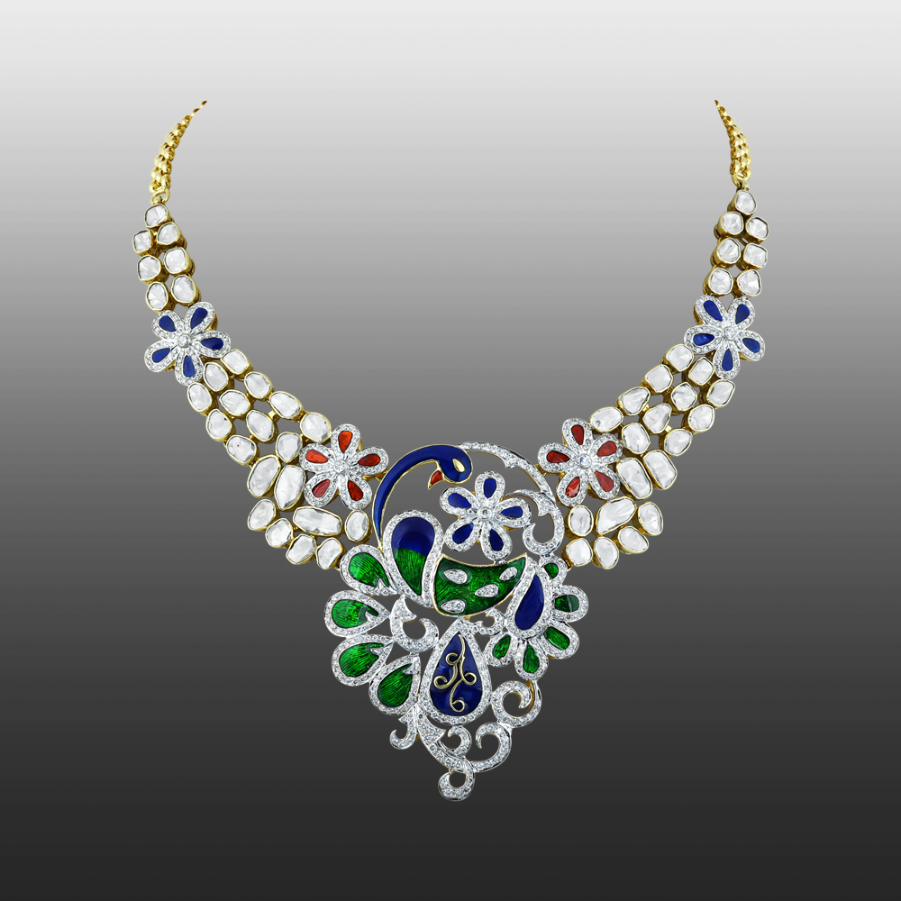 Peacock Motif Necklace with Enamel, Polki, and Floral Design